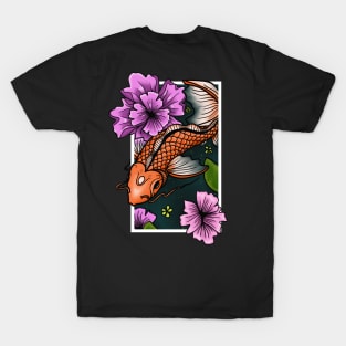 Koi Fish Swimming Through Water and Flowers T-Shirt